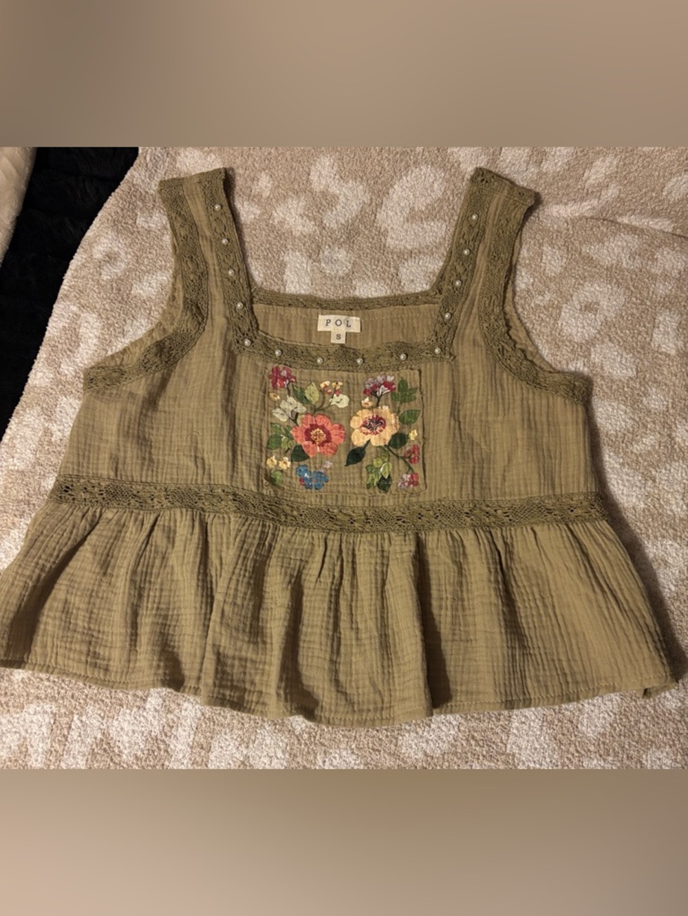 POL Olive Green Embroidered Floral Peplum Tank